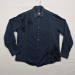 Y2K Marc Ecko Cut & Sew Mens XL Black Pinstripe Button Up Shirt Geometric Design